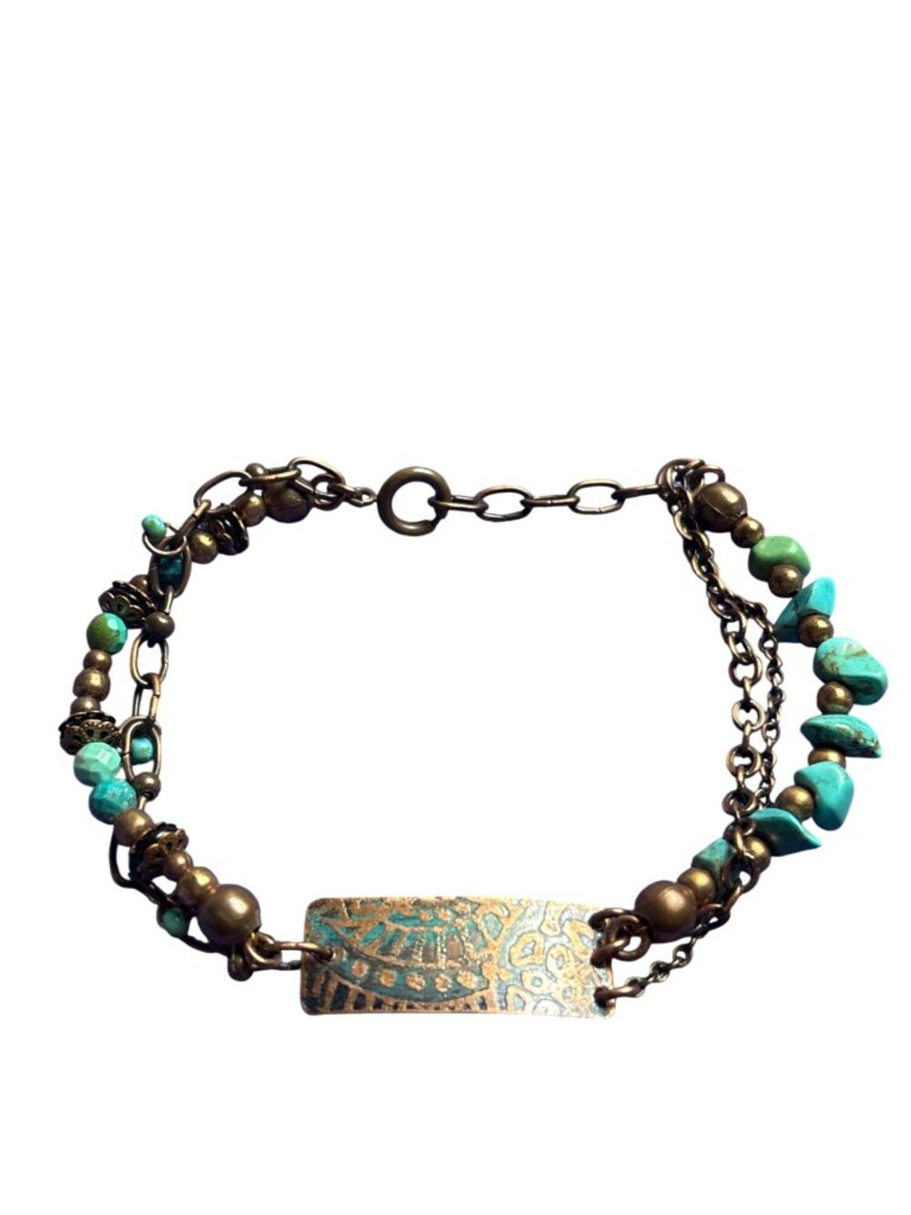 Faux Turquoise Stone Glass Beaded 3 Strand Copper Chain Bracelet Spring Ring
